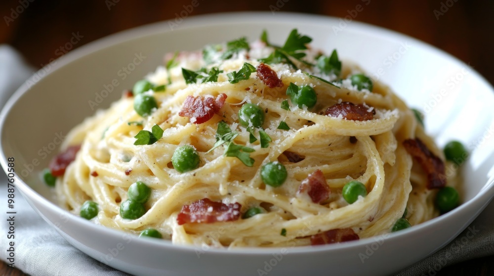 A bowl of creamy carbonara spaghetti with crispy bacon and peas, beautifully plated and garnished with parsley, perfect for an elegant dinner. A bowl of creamy carbonara spaghetti with crispy bacon and peas, beautifully plated and garnished with parsley, perfect for an elegant dinner.