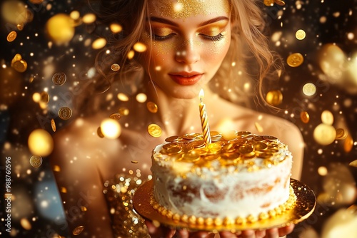 Young beautiful woman in golden makeup holds cake in her hands, gold coins falling around her. A celebration concept that can represent also casino win, jackpot, success, holiday. AI generated