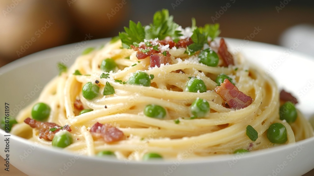 A bowl of creamy carbonara spaghetti with crispy bacon and peas, beautifully plated and garnished with parsley, perfect for an elegant dinner. A bowl of creamy carbonara spaghetti with crispy bacon and peas, beautifully plated and garnished with parsley, perfect for an elegant dinner.