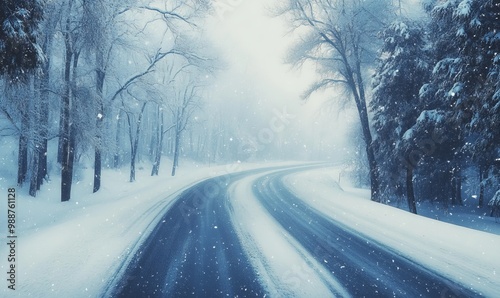 Snowy road winding through a winter forest.