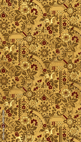 Vintage wallpaper featuring a pattern of intricate floral and geometric motifs in shades of green, gold, and red.