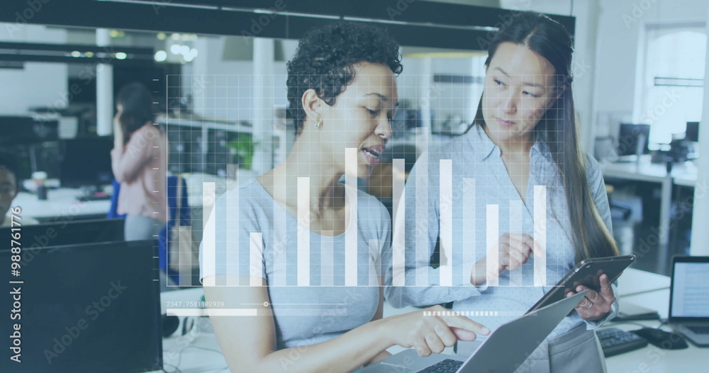 Naklejka premium Image of financial data processing over diverse business people in office