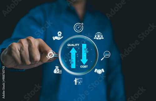 Quality increase and cost optimization for products or services to improve customer satisfaction and enhance company performance. Successful corporate strategy and management. Effective business.