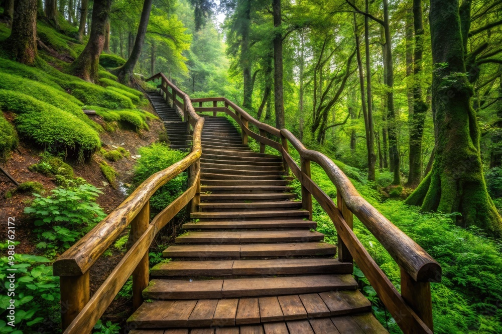 Through the trees' emerald canopies, a rustic wooden staircase unravels, ascending into the unknown with every step, leaving secrets behind. Through the trees' emerald canopies, a rustic wooden staircase unravels, ascending into the unknown with every step, leaving secrets behind.