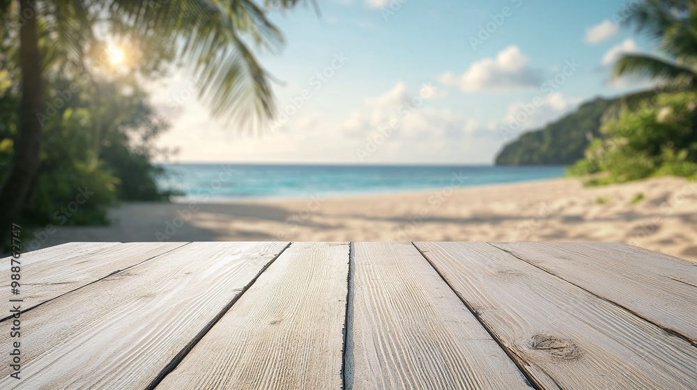 Fototapeta premium stylish white wood table top with a blurry beach background, perfect for a product showcase or presentation in a serene setting