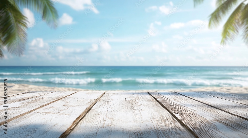 stylish white wood table top with a blurry beach background, perfect for a product showcase or presentation in a serene setting stylish white wood table top with a blurry beach background, perfect for a product showcase or presentation in a serene setting