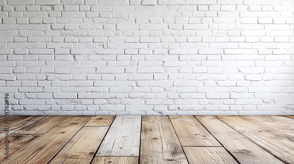 minimalist empty room with a white brick wall and wood floor, providing a clean and sophisticated setting for product presentations and displays minimalist empty room with a white brick wall and wood floor, providing a clean and sophisticated setting for product presentations and displays