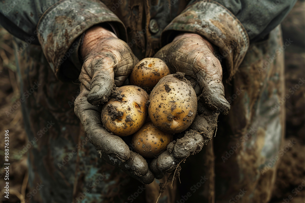 Farmer's hands, caked in soil, hold freshly dug potatoes, showcasing the labor and connection to the earth. Farmer's hands, caked in soil, hold freshly dug potatoes, showcasing the labor and connection to the earth.