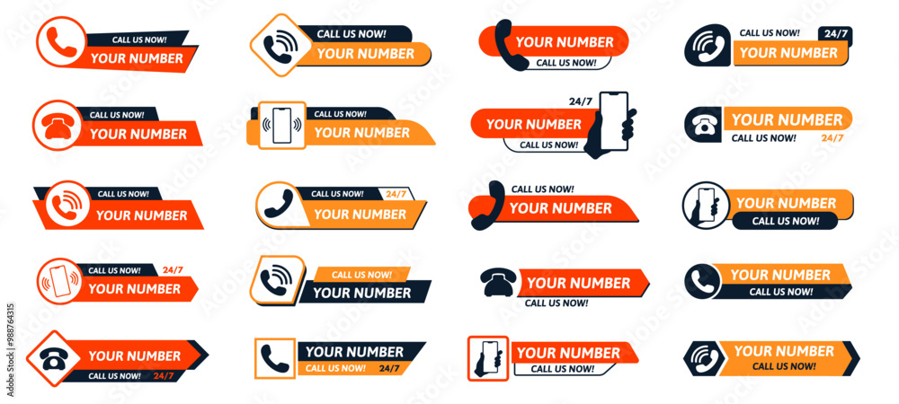 Contact banner with phone number. Call us now buttons, mobile number label badge with phone icon. Customer support call-to-action buttons template vector set