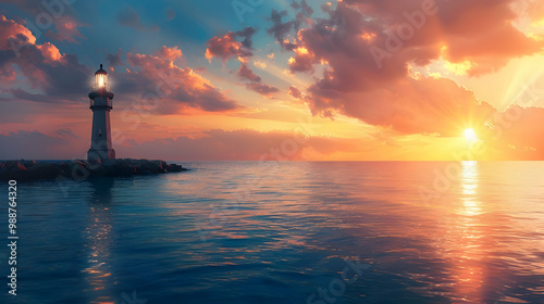 Lighthouse at Sunset Over the Ocean