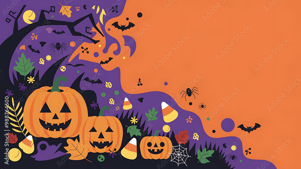 Orange and Purple Halloween pumpkins and bats for spooky festive design.
Orange and Purple Halloween pumpkins and bats for spooky festive design.