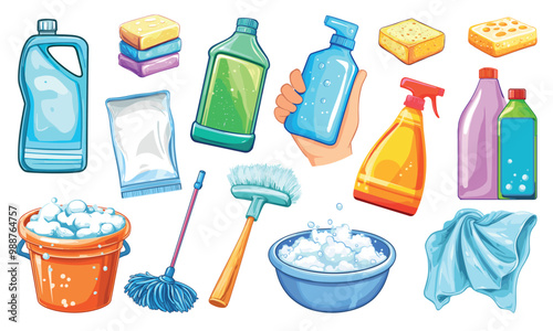 Cleaning and hygiene products set. House cleaning chemical supplies in plastic bottls sponge washing powder in a pack soap brush broom mop. Info board banner elements. Cartoon style isolated vector