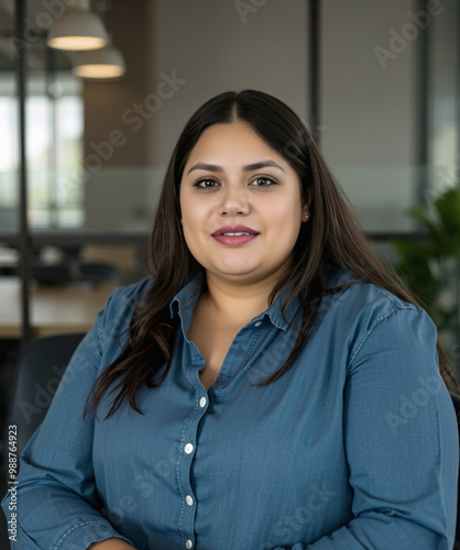 confidence and boredom, corporate role, chambray simple attire and neat, professional lighting, true to life and elegant, big person portrait