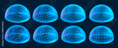 Wireframe dome shields. Secure protection field, digital holographic domes and glowing 3D hemisphere grids. Bubble cover and futuristic safety barrier with glow effect vector set