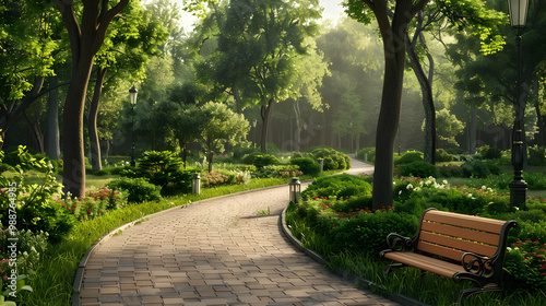 Serene Park Path with Morning Light and Bench