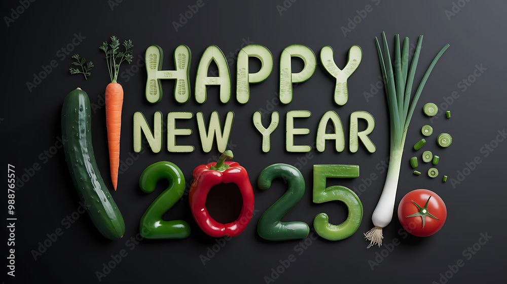Naklejka premium Green and red vegetables forming Happy New Year 2025 New Year's greeting card design. 