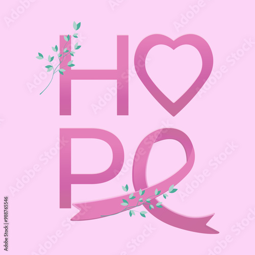 World breast cancer awareness card with decorative word hope and pink ribbon. Vector illustration for women health care, prevention, support, help concept. 