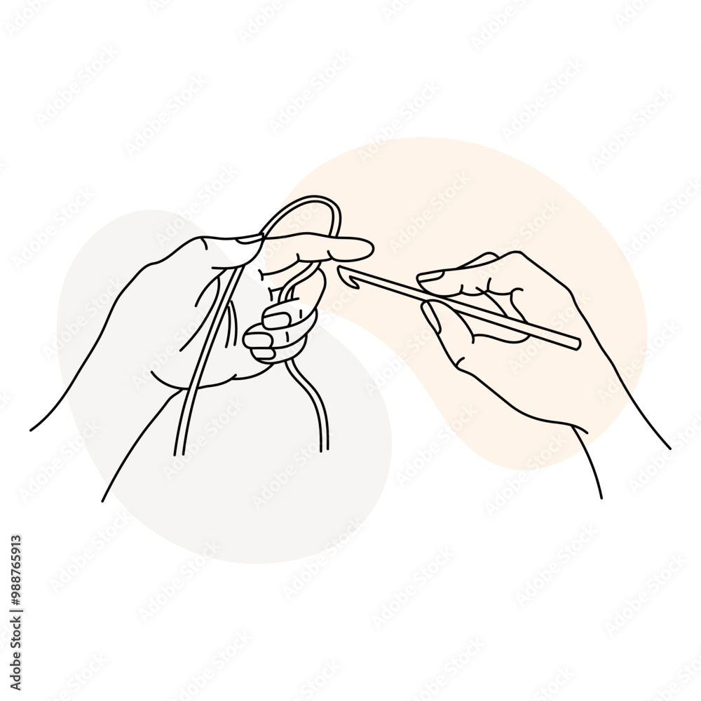 Fototapeta premium Knitting icon, female hands with hook and thread. Line art, sketch, clip art, vector