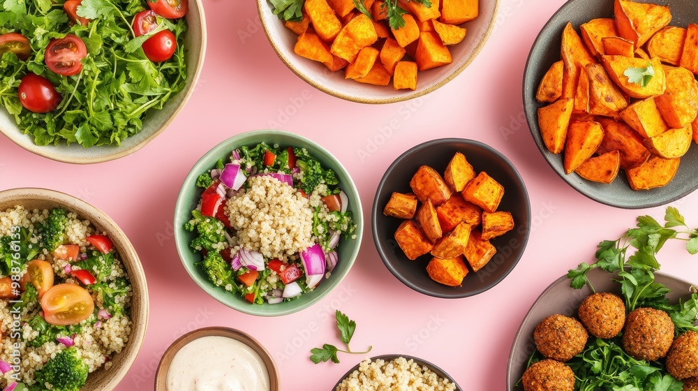 A colorful array of healthy dishes featuring salads, sweet potatoes, and falafel. A colorful array of healthy dishes featuring salads, sweet potatoes, and falafel.