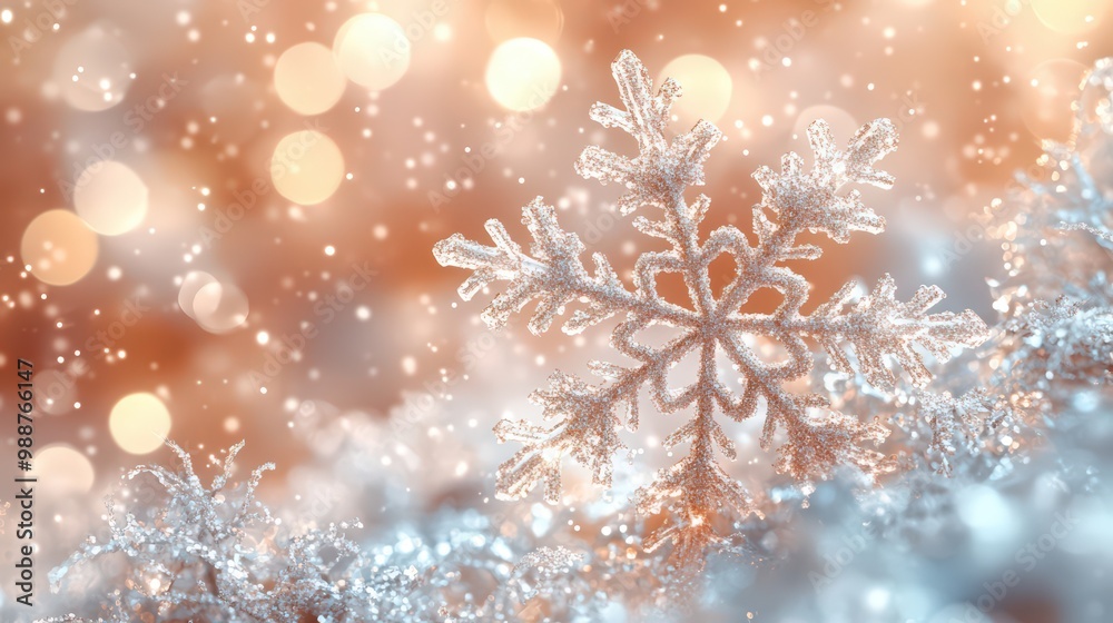 Snowflake gracefully sitting on soft snow, sparkling in the glow of winter light Snowflake gracefully sitting on soft snow, sparkling in the glow of winter light