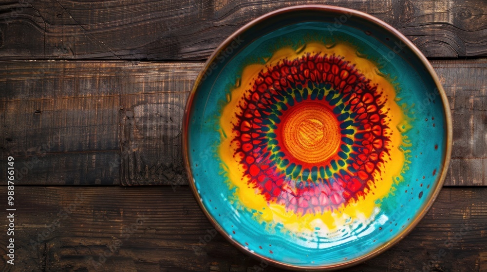 Colorful ceramic plate on dark wooden table, top view Colorful ceramic plate on dark wooden table, top view