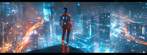 Cybernetic Overwatch in Futuristic Digital City photo