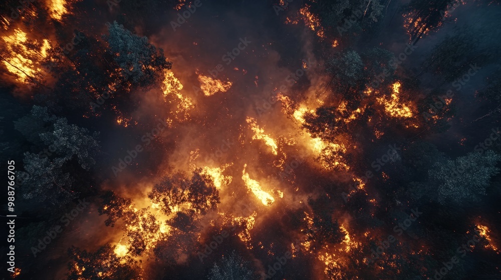 A forest fire is raging through a forest, with smoke billowing into the sky A forest fire is raging through a forest, with smoke billowing into the sky