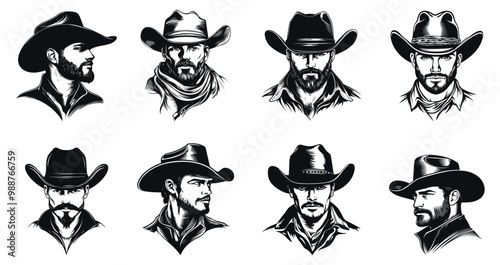 Cowboy portrait set. Front and side view. Western male in a hat. North american man. Fashion poster print design element. Simple black and white flat tatoo style isolated vector clipart collection
