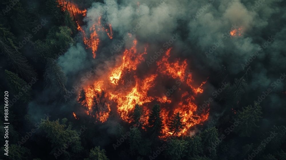 A forest fire is raging through a forest, with smoke billowing into the sky A forest fire is raging through a forest, with smoke billowing into the sky