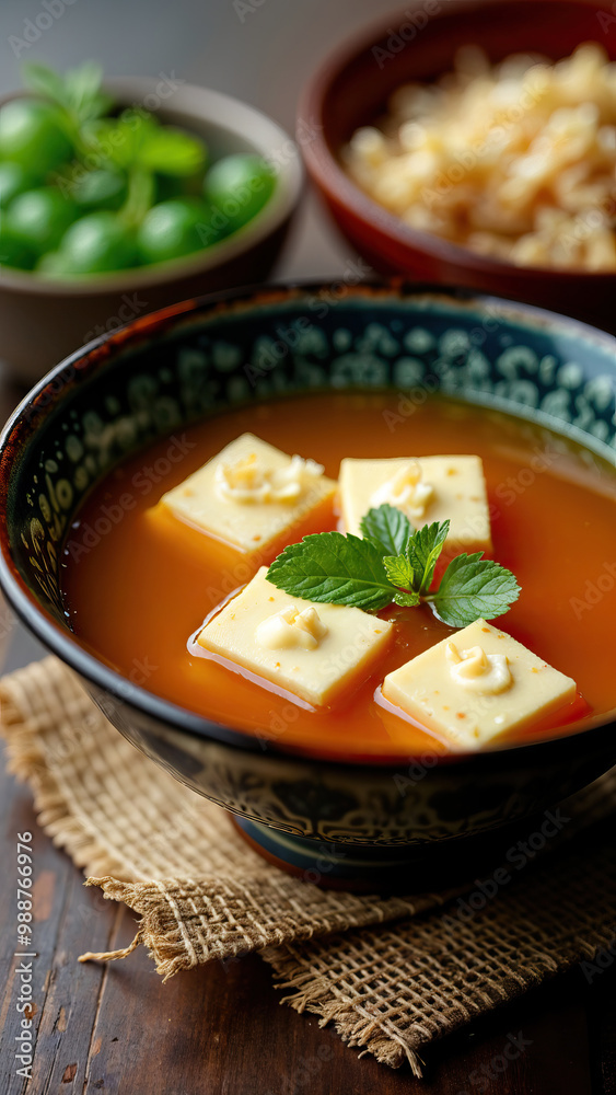 bowl of miso soup with tofu and mint leaf garnish japanese cuisine food photography vertical format bowl of miso soup with tofu and mint leaf garnish japanese cuisine food photography vertical format