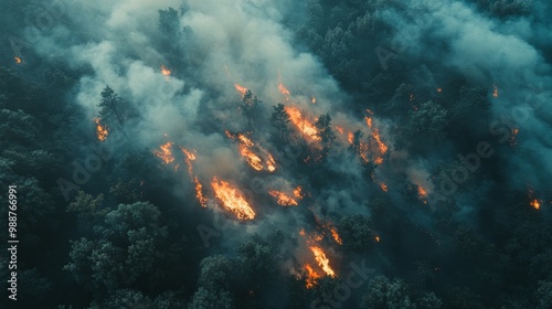 A forest fire is raging through a forest, with smoke billowing into the sky