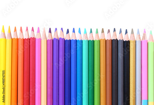 Vibrant collection of colored pencils aligned with transparent image of PNG format extension.