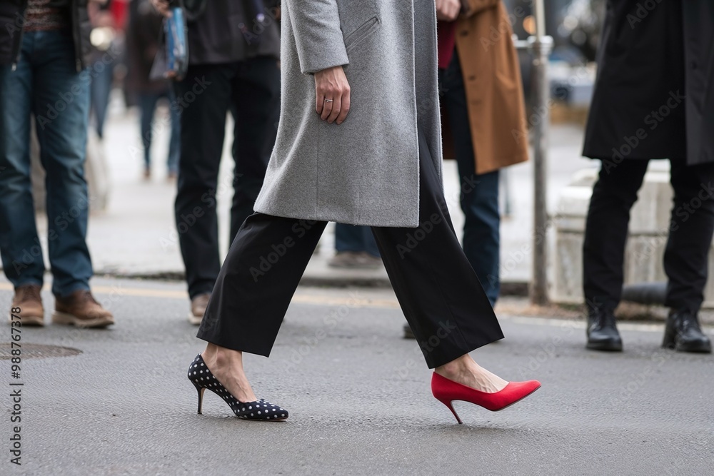 Woman in a gray coat and black pants walks in red heels. Woman in a gray coat and black pants walks in red heels.