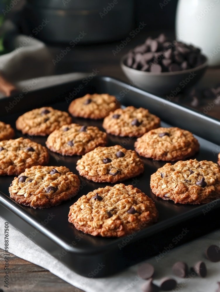 oatmeal cookies with chocolate chips on a baking tray. dark background. copy space. oatmeal cookies with chocolate chips on a baking tray. dark background. copy space.