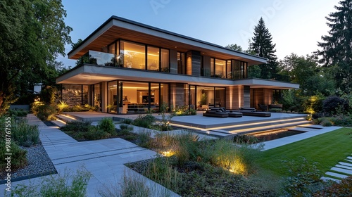 luxurious modern home showcased at dusk with inviting evening lighting, complemented by a beautifully landscaped garden, representing upscale living