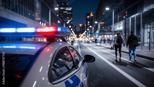 Police Car with Flashing Lights in a Busy City Street at Night