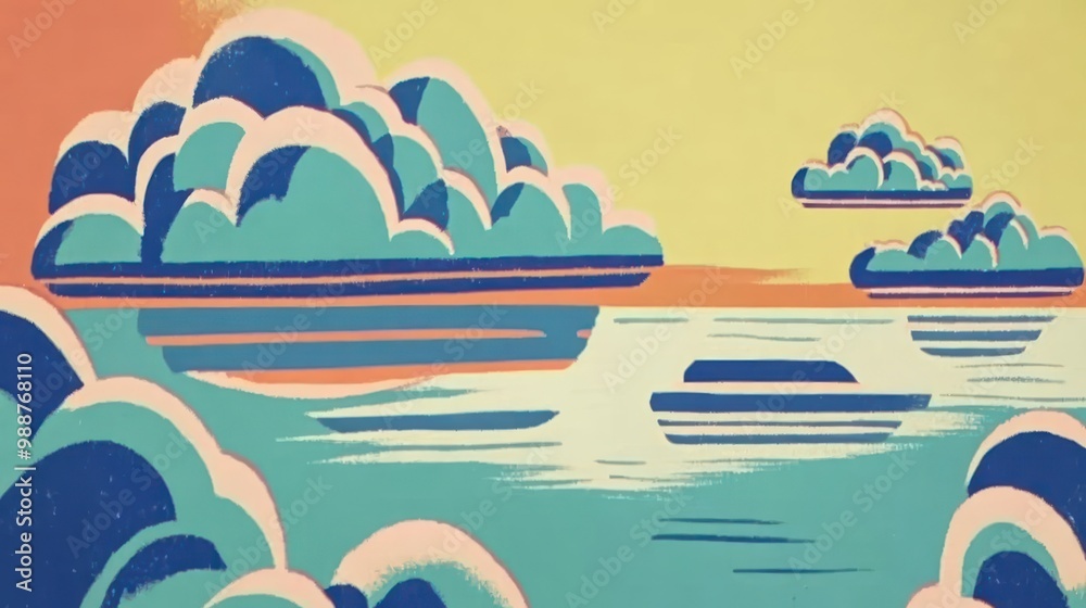 A stylized illustration of clouds and water, evoking a serene and dreamy atmosphere. A stylized illustration of clouds and water, evoking a serene and dreamy atmosphere.