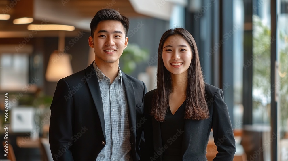 vibrant portrait of two young Asian business individuals in the office, representing their dynamic partnership and dedication to their careers vibrant portrait of two young Asian business individuals in the office, representing their dynamic partnership and dedication to their careers