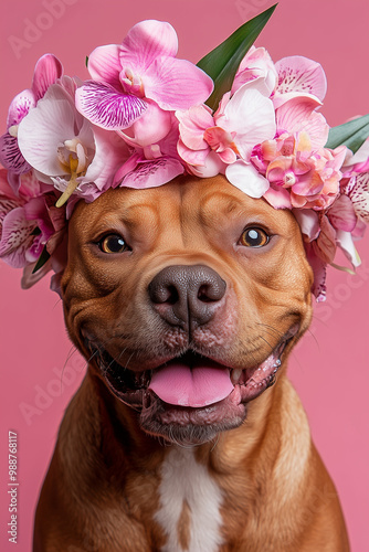 Portrait of a pitbull with flowers crown