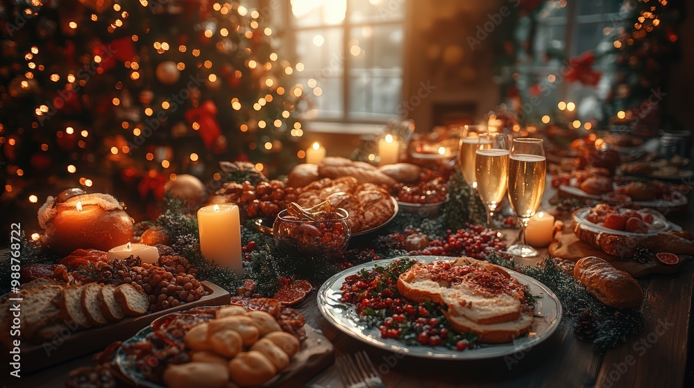 Christmas dinner table filled with holiday treats, flickering candles, and charming decorations, embodying the warmth and joy of family gatherings Christmas dinner table filled with holiday treats, flickering candles, and charming decorations, embodying the warmth and joy of family gatherings