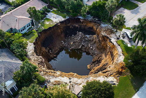 Large sinkhole in Florida neighborhood, aerial drone shot