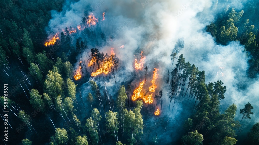 A forest fire is raging through a forest, with smoke billowing into the sky A forest fire is raging through a forest, with smoke billowing into the sky