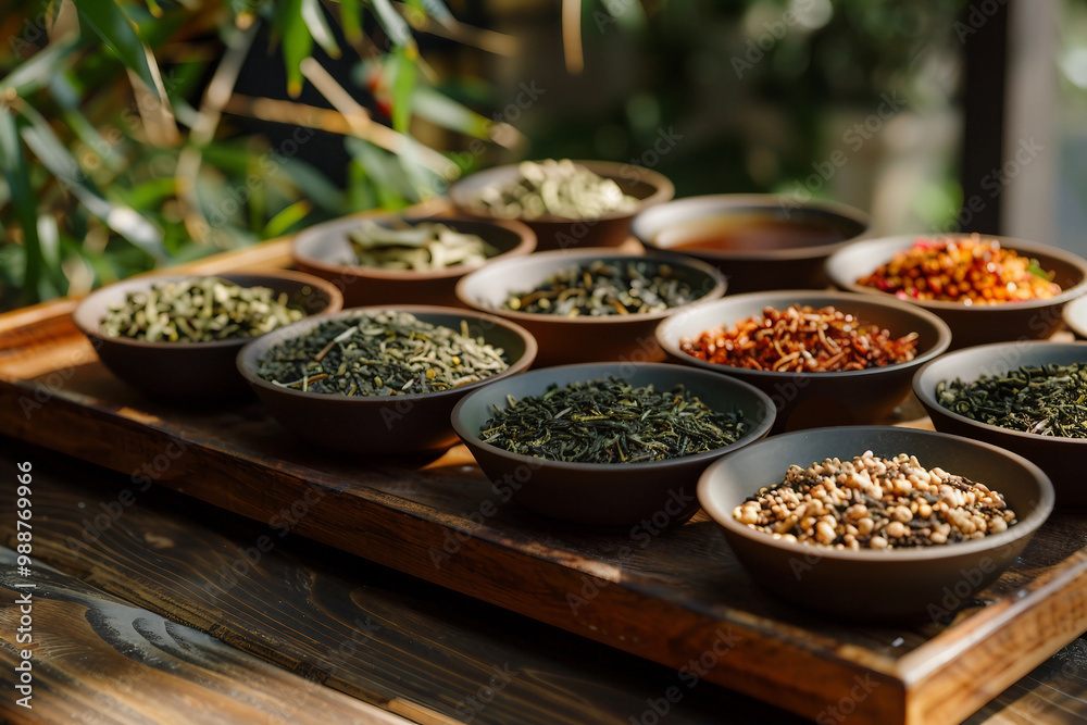 Assortment of traditional oriental tea leaves teatime ceremony hot and dry green black tea, Generative AI Assortment of traditional oriental tea leaves teatime ceremony hot and dry green black tea, Generative AI