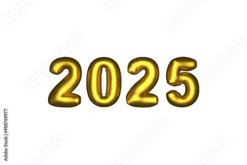 2025 Year Glossy Inflated Balloon Yellow Golden Numbers over Transparent Background. 3d Render with Alpha Channel
