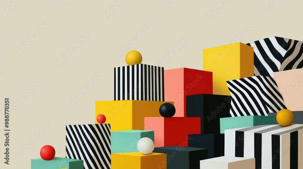 A colorful arrangement of geometric shapes and patterns, creating a playful visual composition. A colorful arrangement of geometric shapes and patterns, creating a playful visual composition.