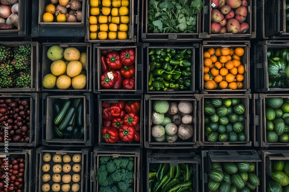 Photo Aerial view of crates filled with various fruits and vegetables, symbolizing organized logistics and distribution in the fresh produce industry Photo Aerial view of crates filled with various fruits and vegetables, symbolizing organized logistics and distribution in the fresh produce industry