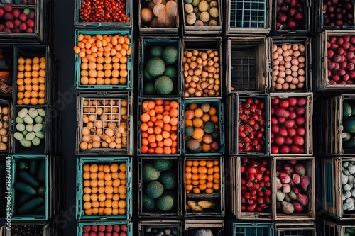 Wallpaper Mural Photo Aerial view of crates filled with various fruits and vegetables, symbolizing organized logistics and distribution in the fresh produce industry   Torontodigital.ca