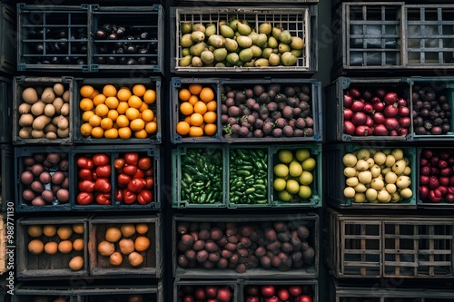 Photo Aerial view of crates filled with various fruits and vegetables, symbolizing organized logistics and distribution in the fresh produce industry 