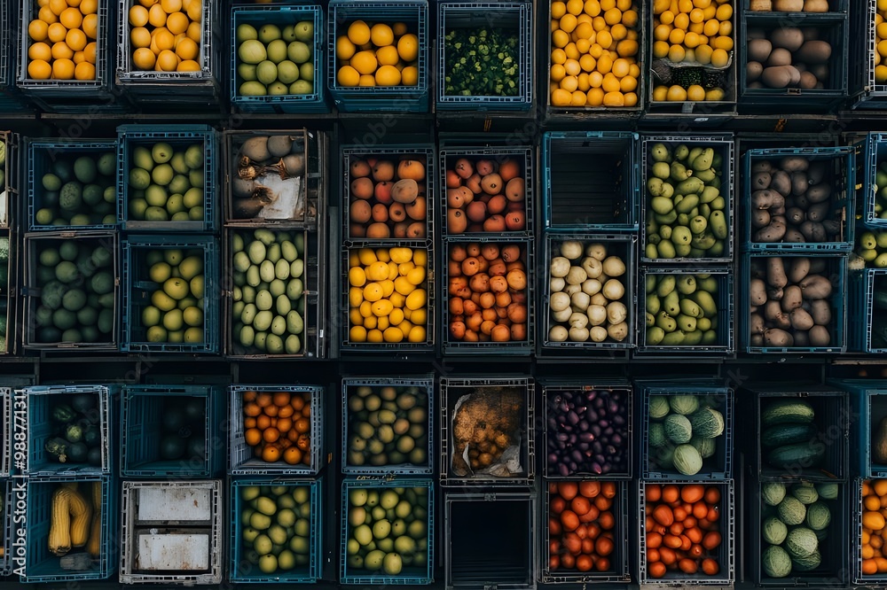 custom made wallpaper toronto digitalPhoto Aerial view of crates filled with various fruits and vegetables, symbolizing organized logistics and distribution in the fresh produce industry