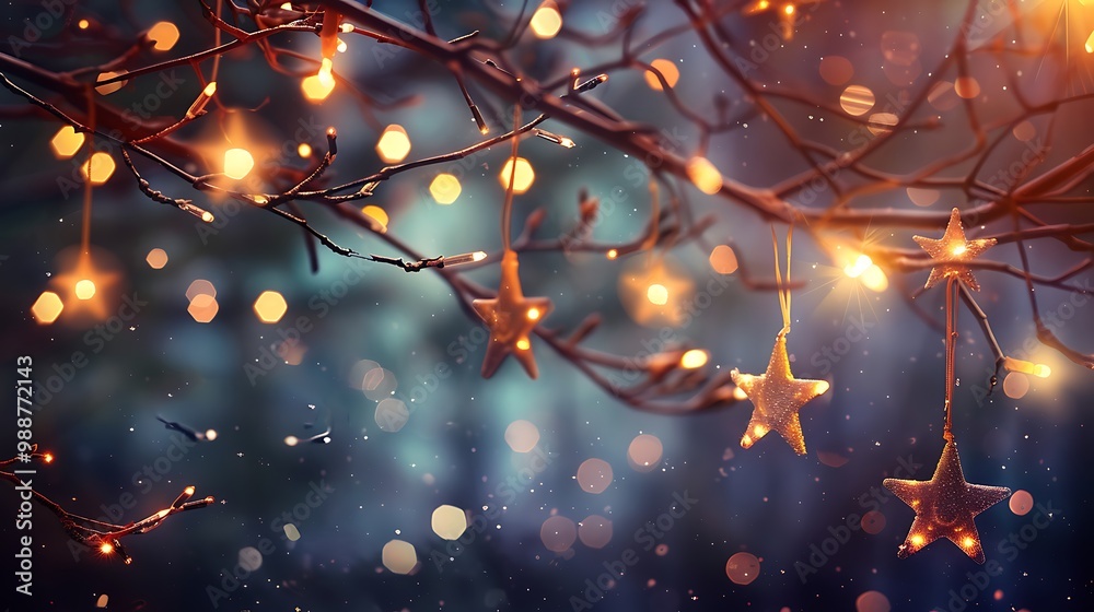 A collection of lights hung from the branches of a tree blur backdrop with shining stars A collection of lights hung from the branches of a tree blur backdrop with shining stars